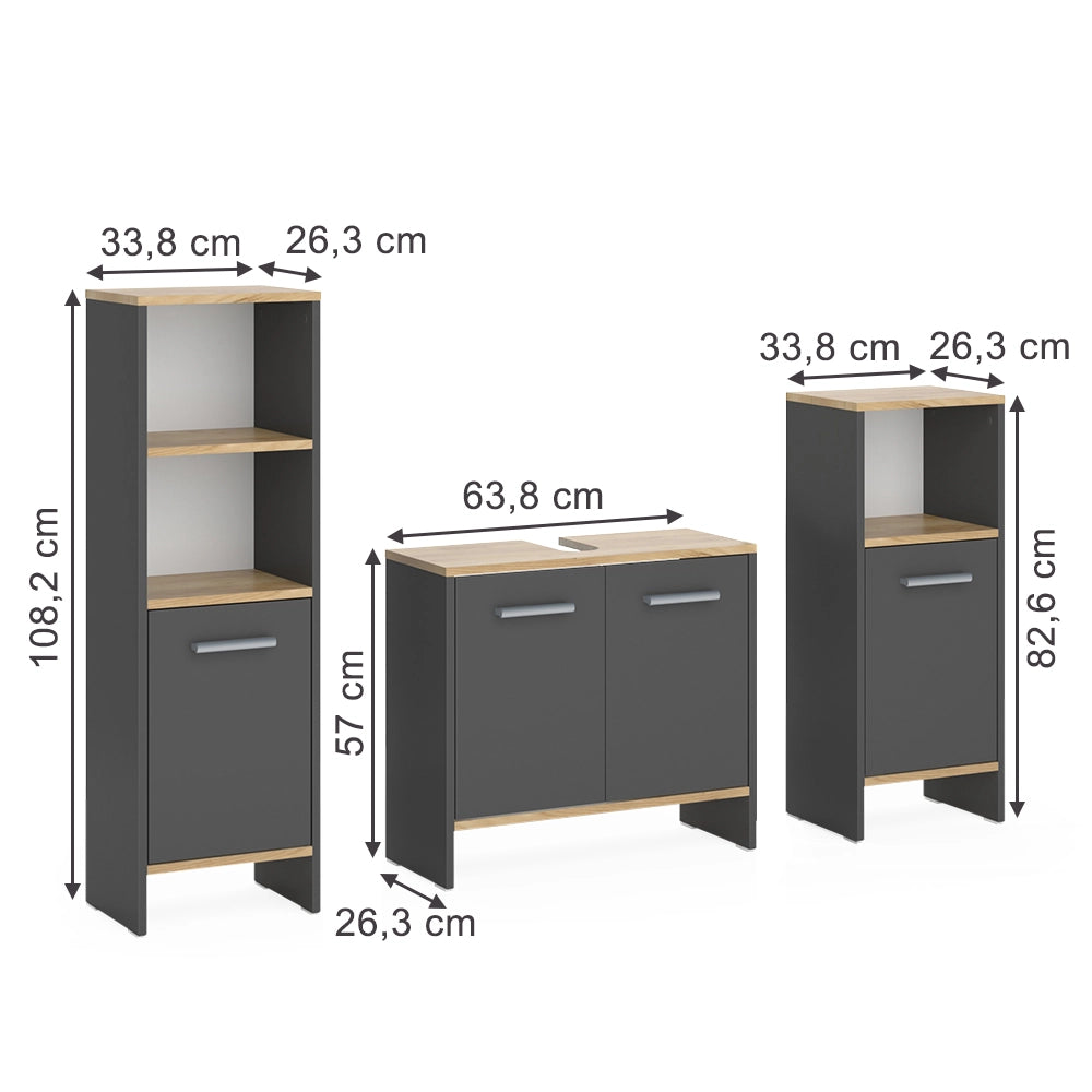 Vicco Set di mobili da bagno Antracite/quercia dorata 3 pezzi
