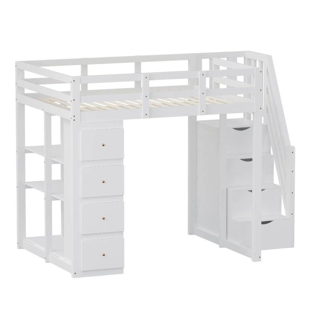 Letto a soppalco 140x200 cm con 4 cassetti; ripiani e scala laterale; bianco
