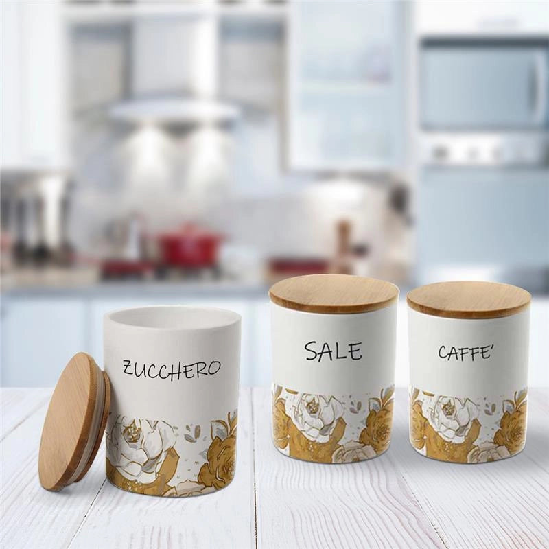 TRIS ROSE TONDO SALE, ZUCCHERO E CAFFÈ IN CERAMICA CON TAPPO IN LEGNO 10X13 CM