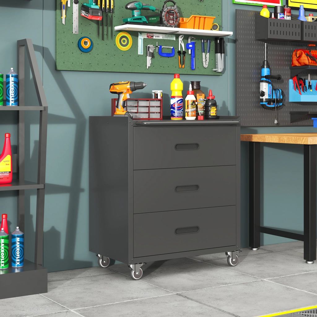 Carrello armadio portautensili in metallo con 3 cassetti, 75 × 42 × 88 cm, nero/grigio
