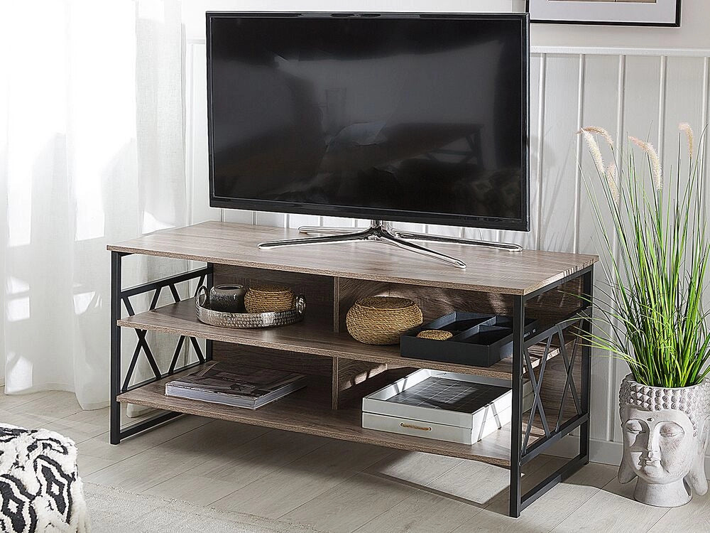 Mobile TV RTV in Legno Scuro con Metallo Nero 4 Ripiani Mobiletto Soggiorno Moderno Industriale