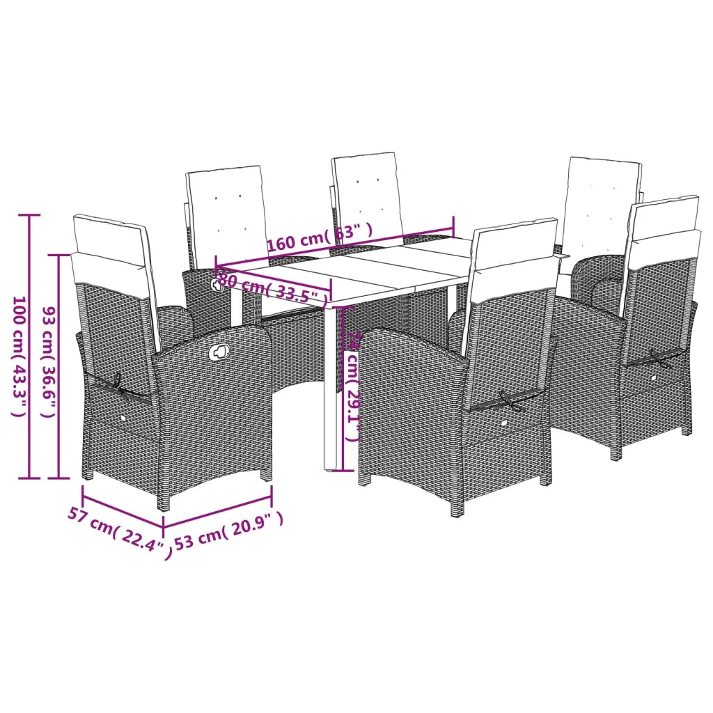 Set da Pranzo da Giardino 7 pz Nero con Cuscini in Polyrattan 3212325