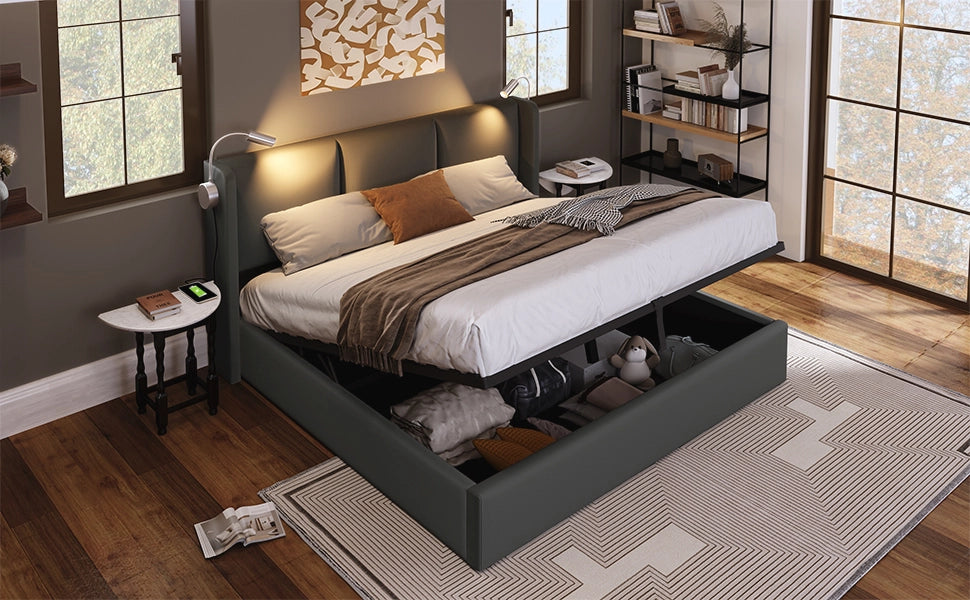DESMIU Letto contenitore letto matrimoniale con vano, USB e lampada da lettura 140 × 200 cm, senza materasso, PU grigio