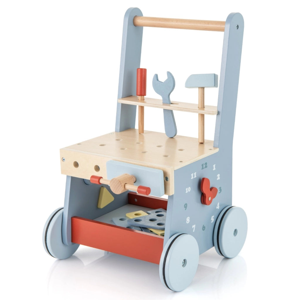 Carrello primi passi per bambini di legno, Camminatore per bambini e giocattoli multifunzione con attrezzi 30x30x47cm