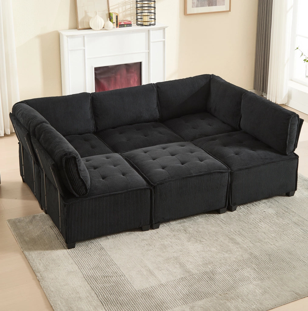 Divano modulare 6 posti 308 cm; velluto a coste nero; configurazione U/L e funzione letto
