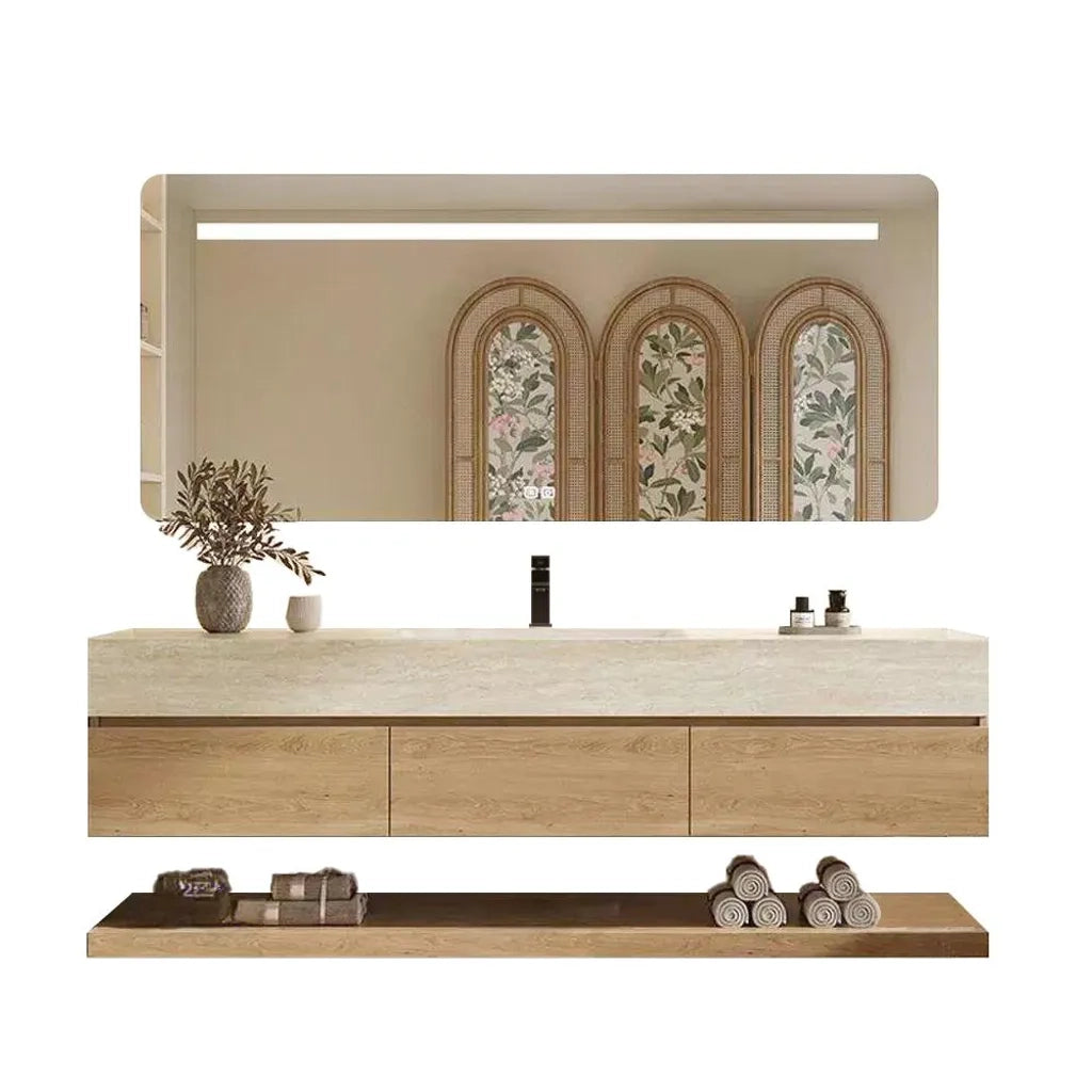 Set mobile bagno sospeso effetto travertino con lavabo in pietra sinterizzata e specchio foro per rubinetto 130×55 cm