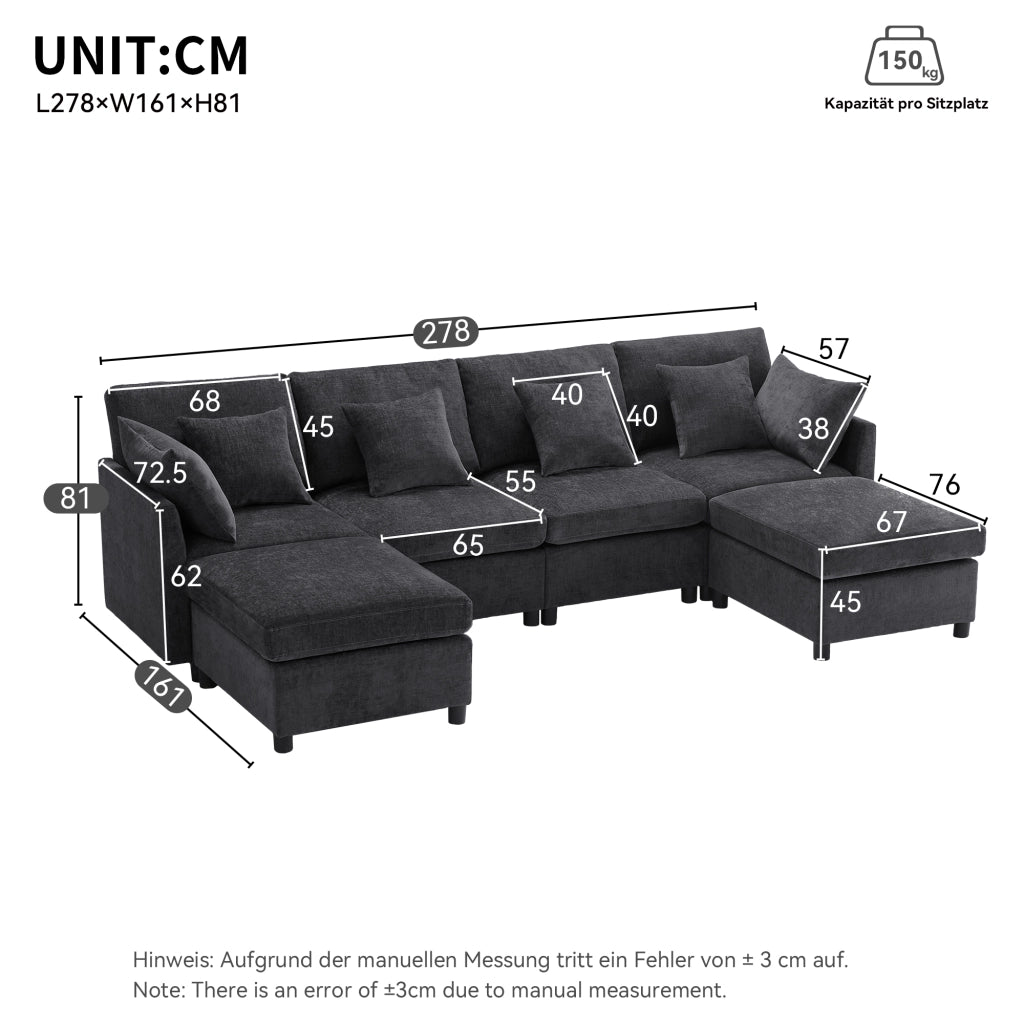 DIVANO MODULARE convertibile in U o L 278x161x81 cm Chenille grigio con 2 pouf e 6 cuscini