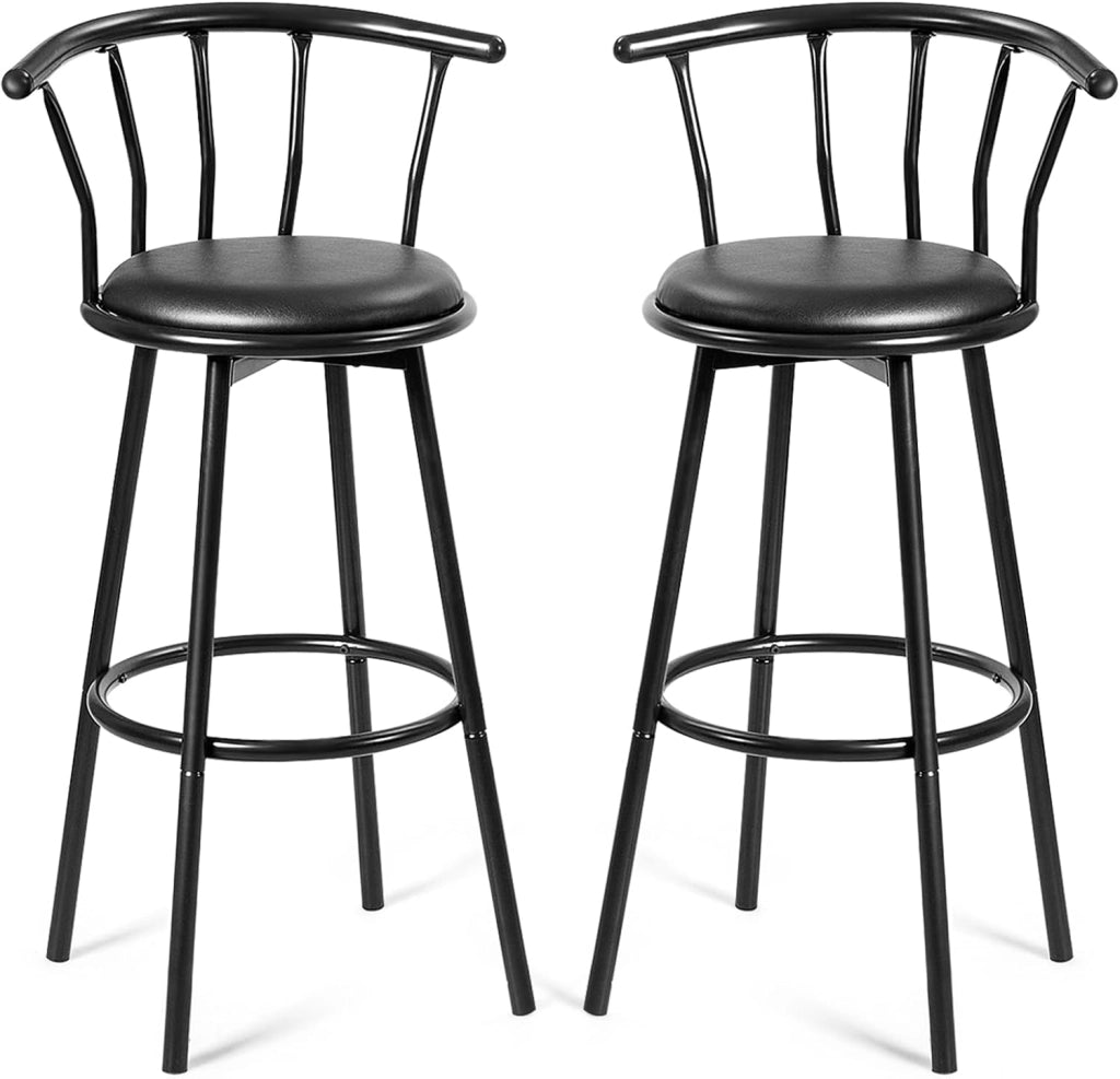Sgabello Alto, Girevole a 360°, Set di 2 Sedie da Bar con schienale e poggiapiedi, 101,5 x 56 x 55 cm, Portata Massima 150 kg (Nero)