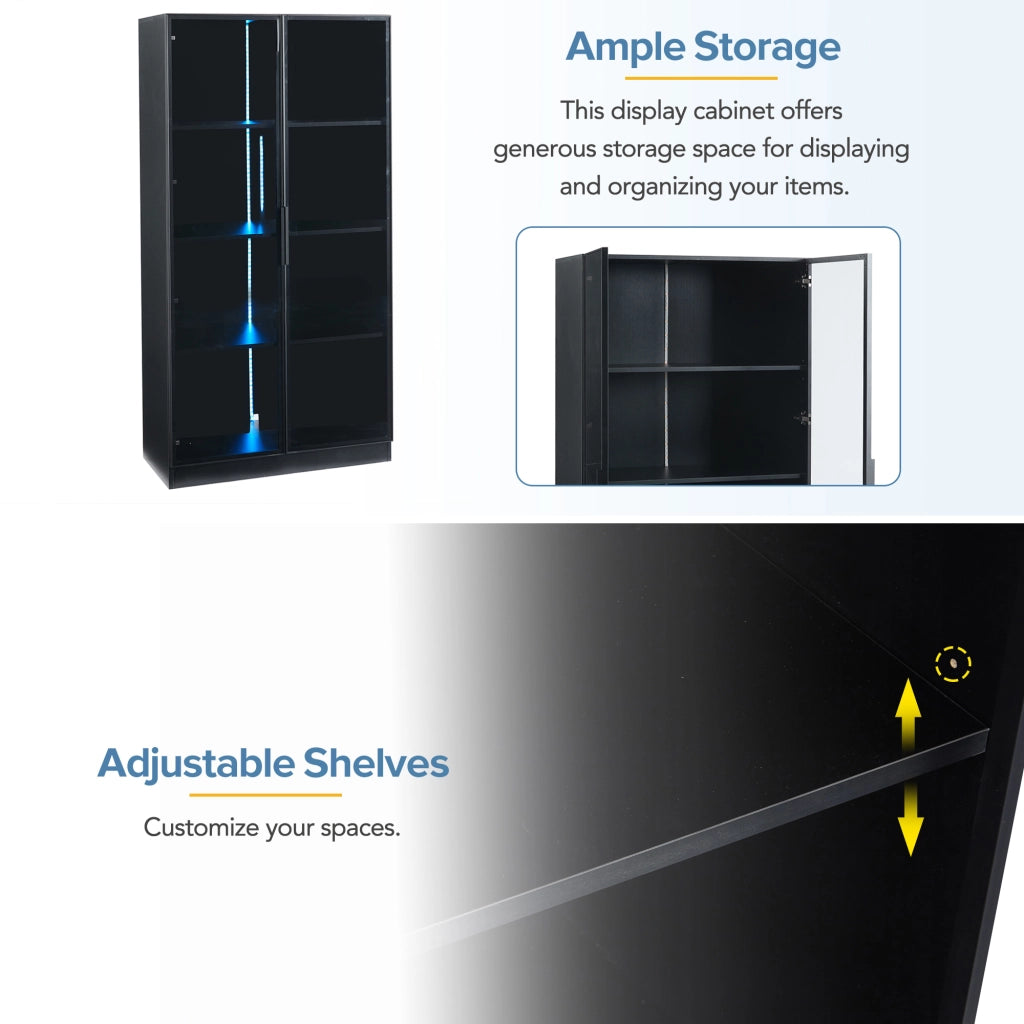 OKWISH Vetrina con 2 Ante in Vetro, 4 Ripiani e Mensole Regolabili, LED con Applicazione, per Soggiorno, 80 x 40 x 160 cm