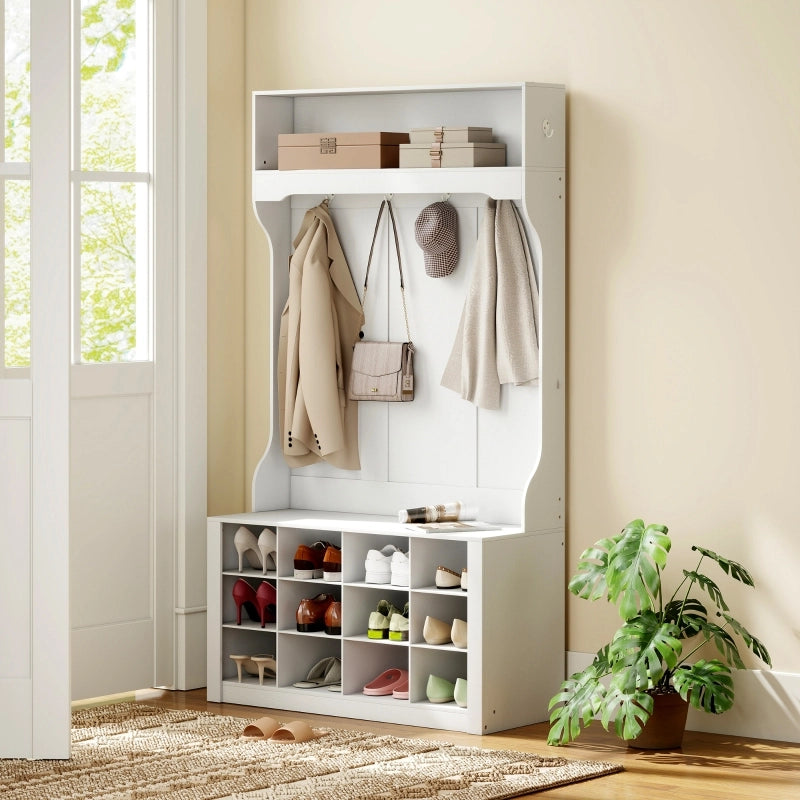 Armadio con ripiano, panca, ganci, scomparti per scarpe, in truciolato, MDF, bianco