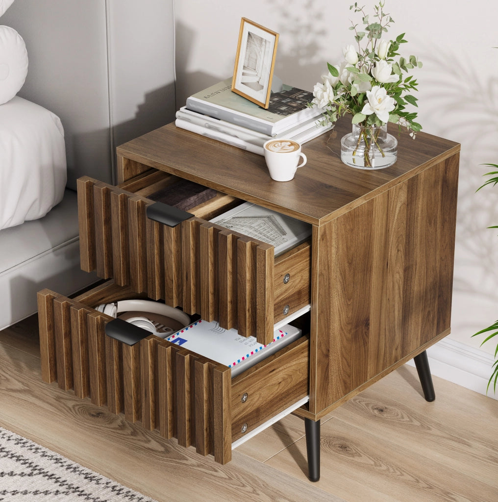 Comodino ULEVR 45x40x53 cm con 2 cassetti e gambe in metallo, MDF color noce