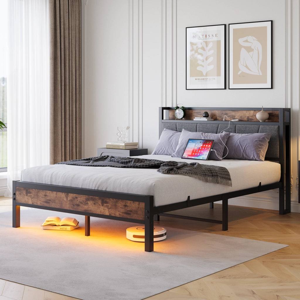 LETTO 140x200 cm con testiera contenitore, MDF e metallo, marrone antico