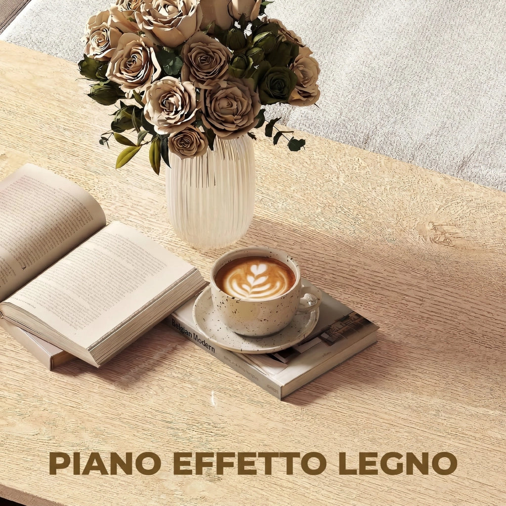 Tavolino da Salotto 95x55x50 cm con Mensola Asimmetrica in MDF Legno Naturale e Bianco