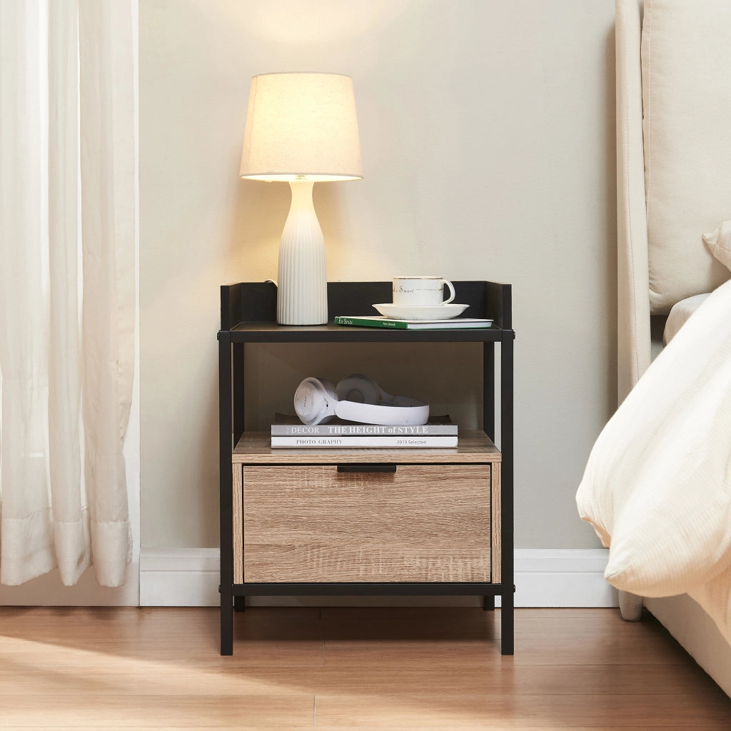 Comodino Belana con Cassetto e Vano Aperto 51 x 40 x 35 cm - Nero/Effetto Rovere [en.casa]
