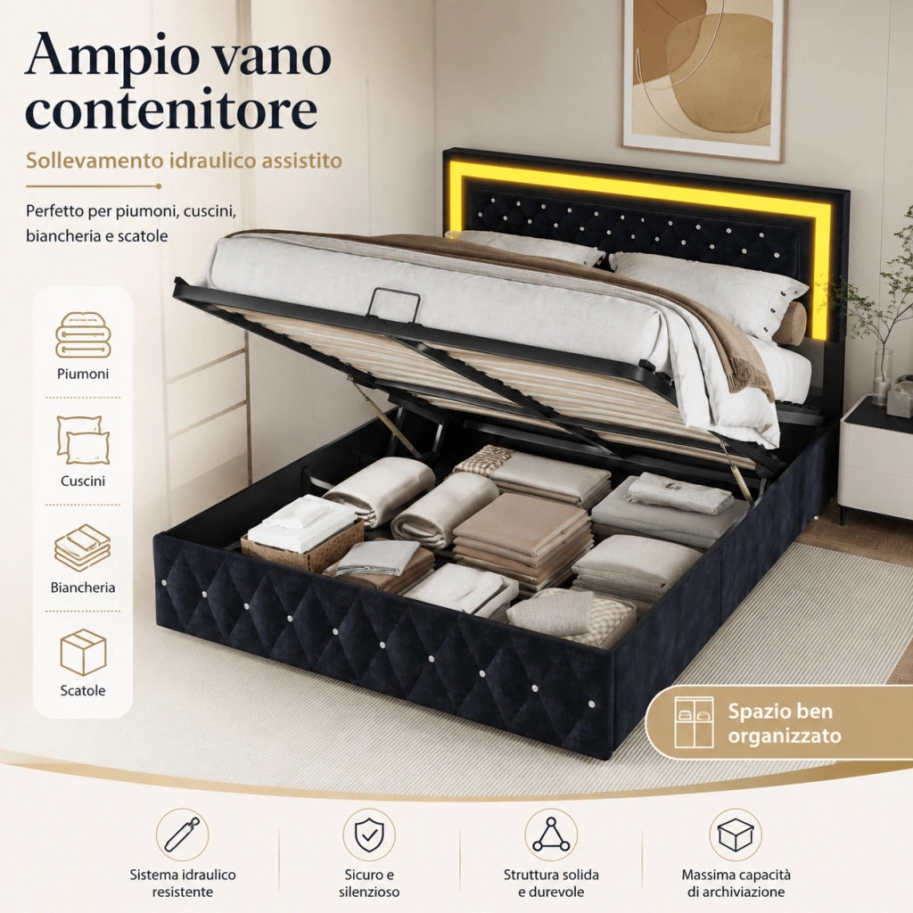 Letto con vano contenitore idraulico 160x200cm, rivestimento velluto nero, testiera trapuntata LED RGB controllabile da telecomando
