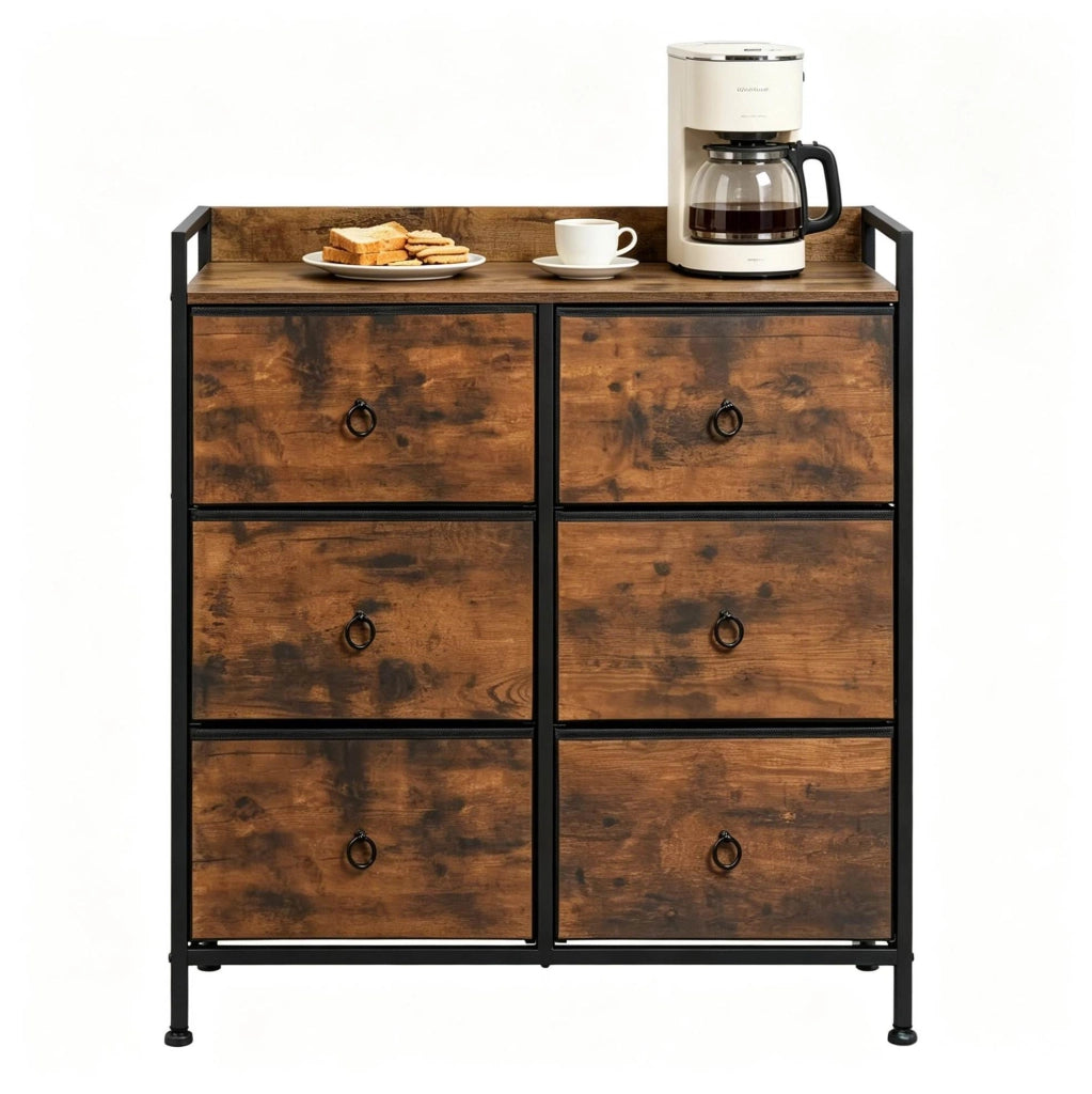 Mobile con 6 cassetti in legno ingegnerizzato e metallo, 80x29x78 cm, colore marrone rustico e nero