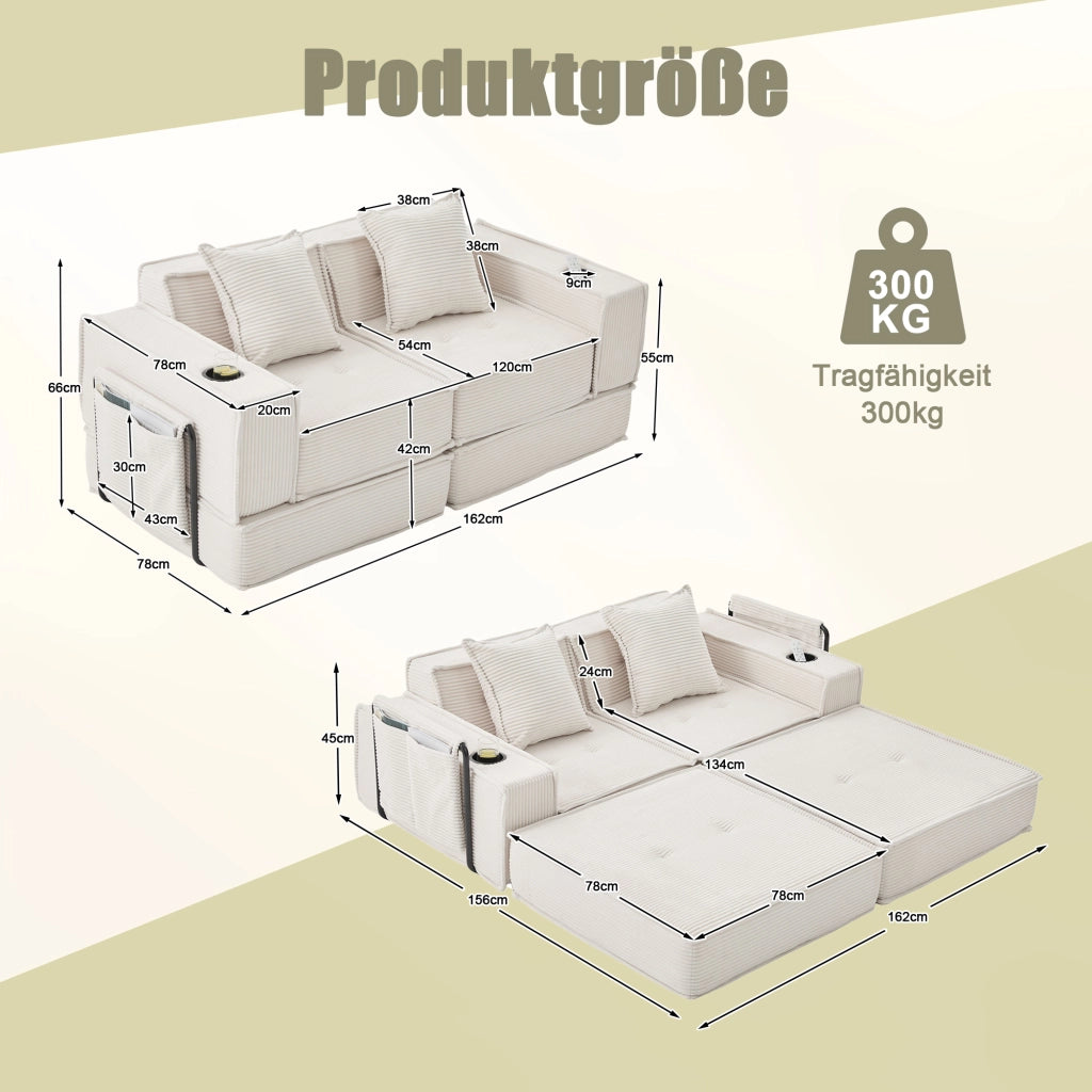 DIVANO pouf modulare 162x78x66 cm velluto a coste beige con 2 cuscini