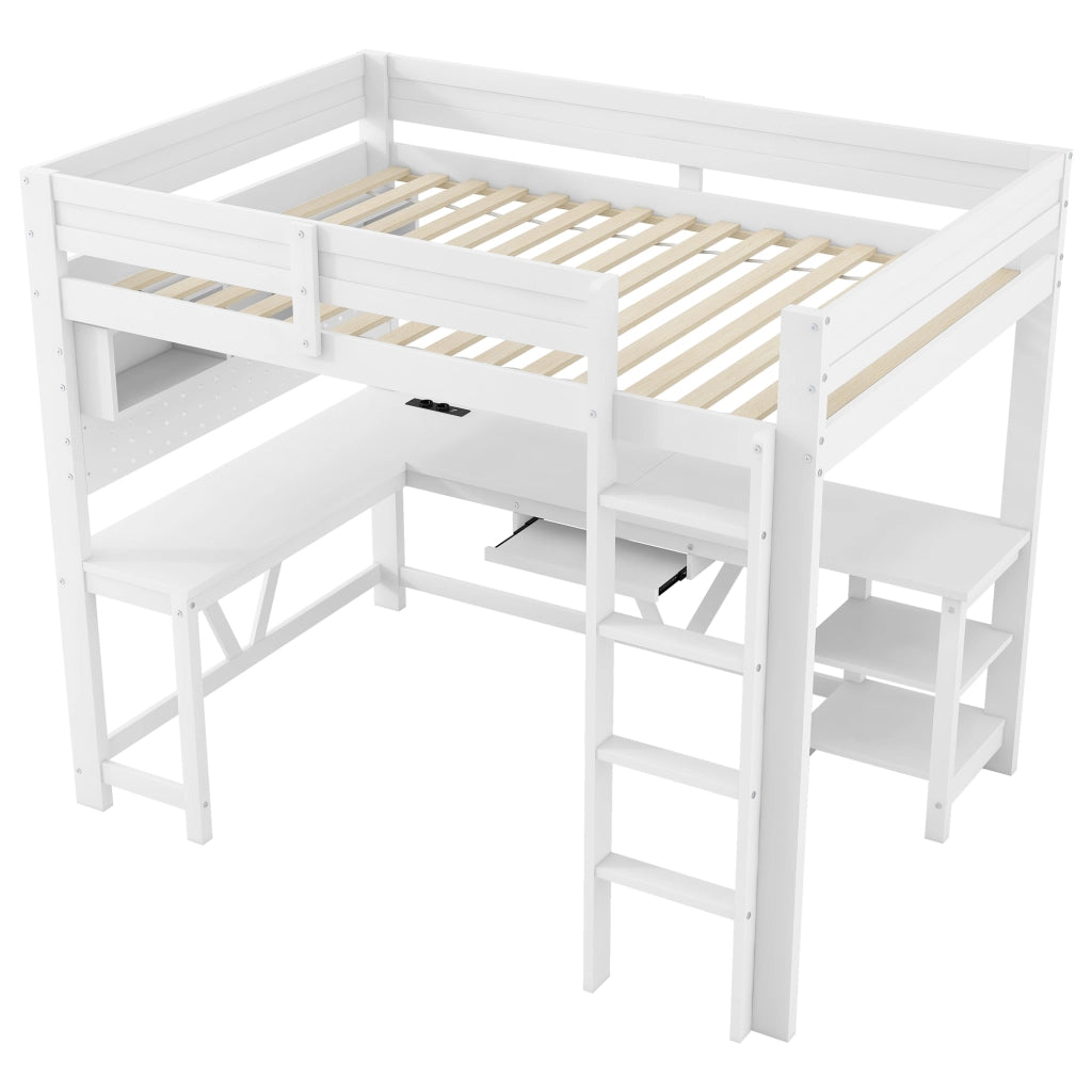Letto a soppalco singolo 90 × 200 cm con scrivania, ripiani, LED a 7 colori, prese USB e senza materasso