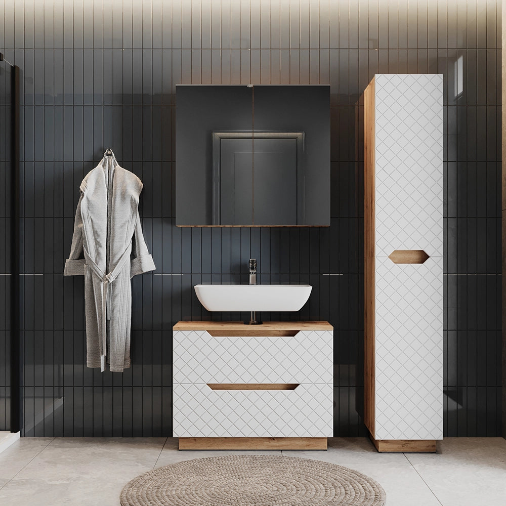 Vicco Set di mobili da bagno Rovere/bianco con struttura in piastrelle 3 parti