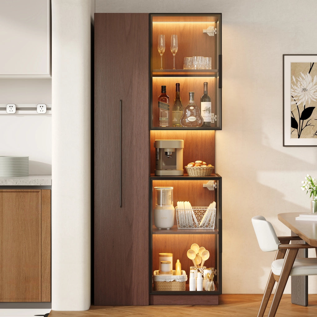 Vetrina alta in MDF effetto noce con LED e ripiani estraibili