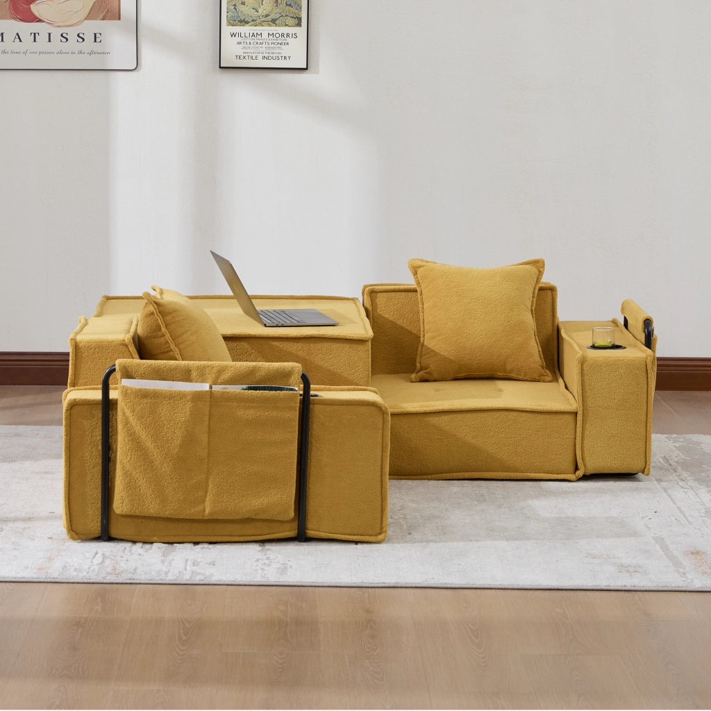 Pouf divano modulare in chenille giallo senape; 162x78x66 cm