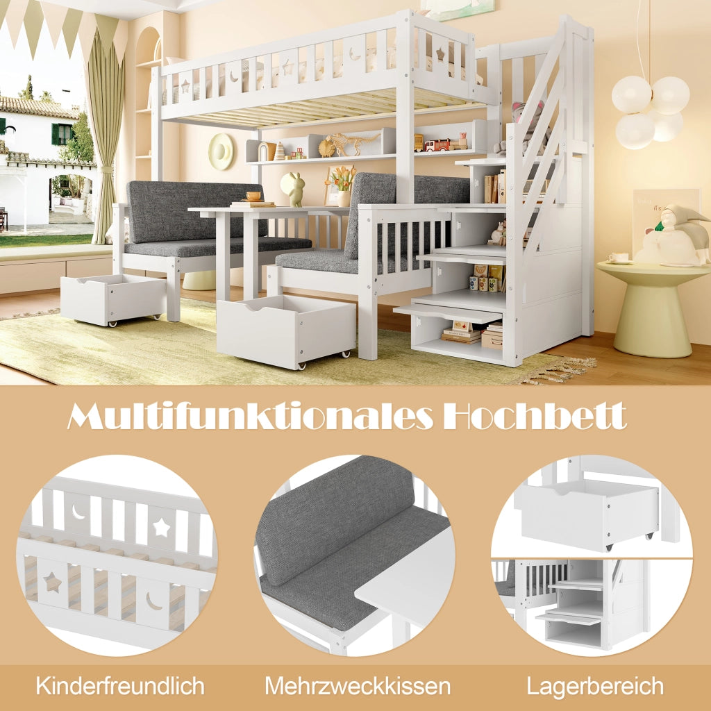 OKWISH Letto a Soppalco 90×200 cm, Letto Singolo con Scrivania Ribaltabile, Scala Contenitore e Sponde, con Cuscini, in Legno, Bianco
