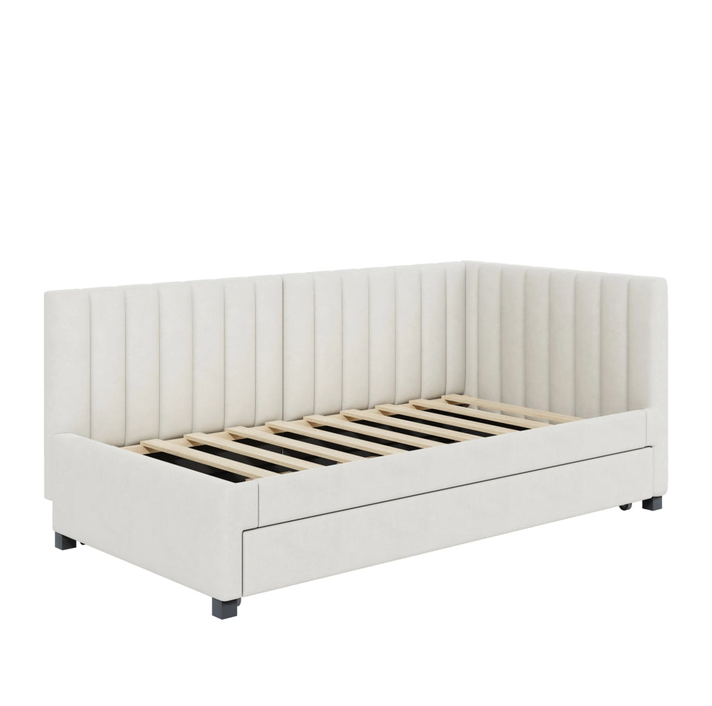 Letto singolo imbottito 90×200 cm beige con letto estraibile e rete a doghe