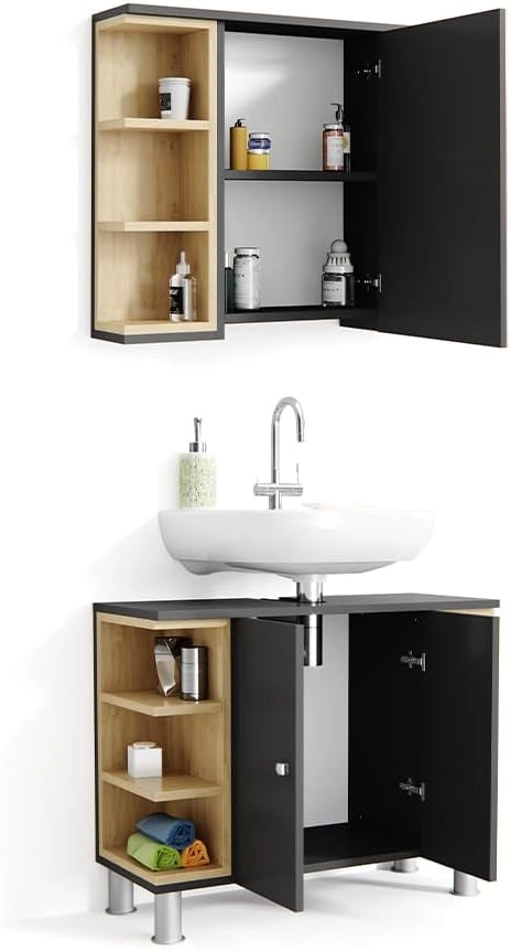 Set mobili bagno Aquis, Antracite, 79.6 cm, composto da specchio da bagno e mobile sottolavabo
