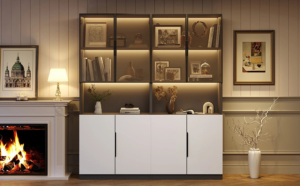 Vetrina moderna in bianco e nero con ante in vetro, LED regolabile, 160x30x200 cm