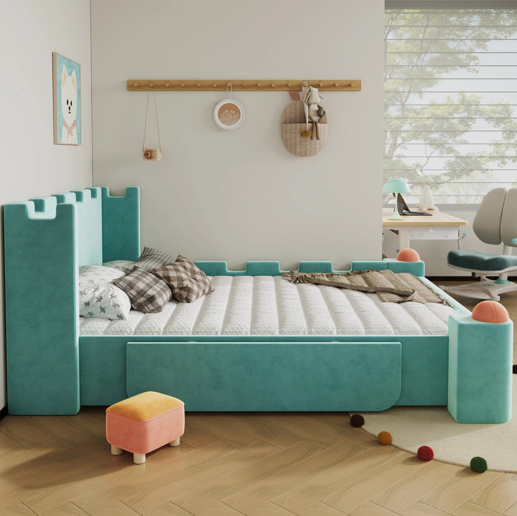 Letto imbottito per bambini con design a castello e contenitore laterale