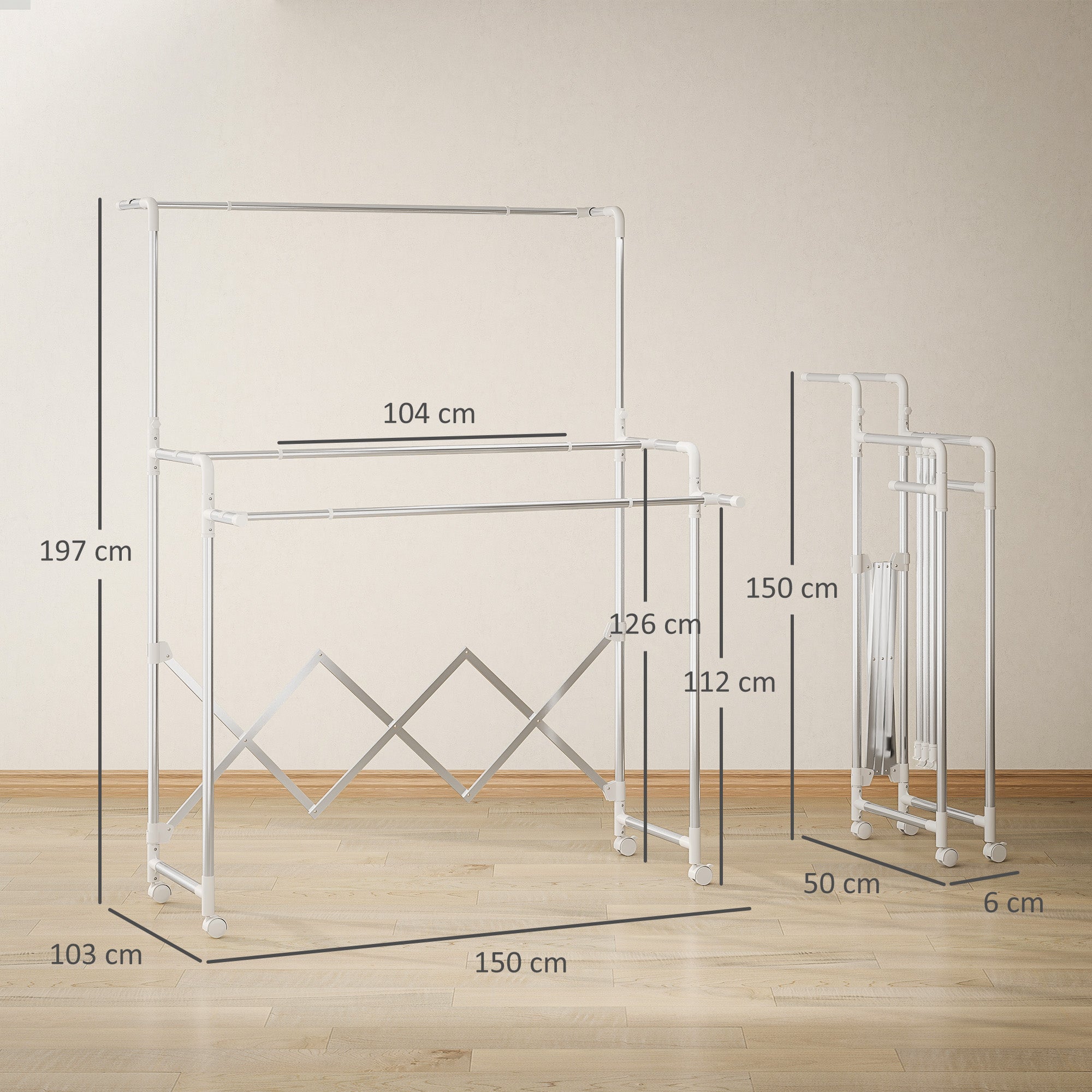 Stendibiancheria Pieghevole con 3 Barre Regolabili Ruote Girevoli e Struttura in Acciaio Inox Argento