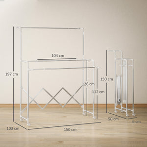 Stendibiancheria Pieghevole con 3 Barre Regolabili Ruote Girevoli e Struttura in Acciaio Inox Argento