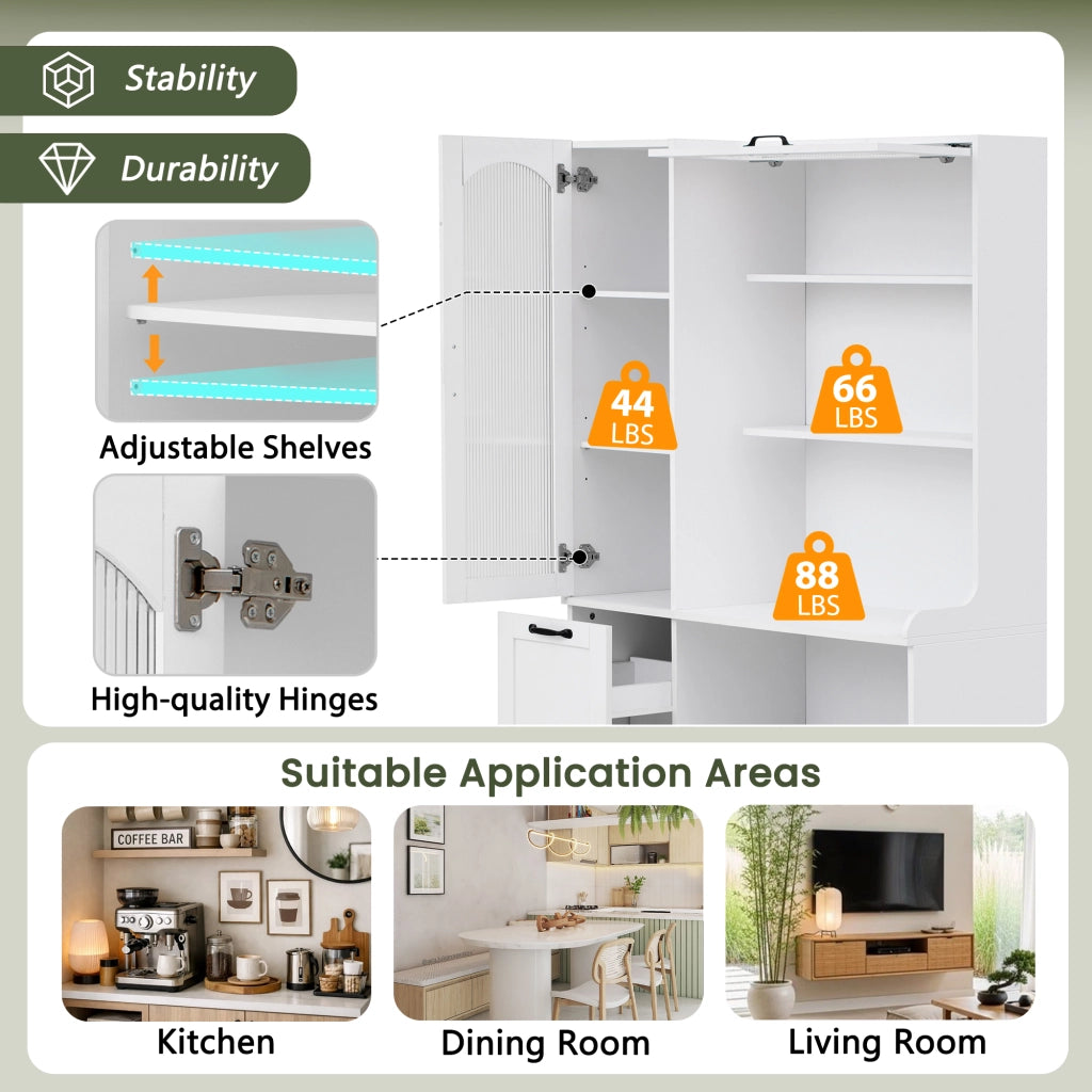 Highboard con ripiani regolabili, cassetti e vetro rigato ¨C Xylo ¨C Bianco