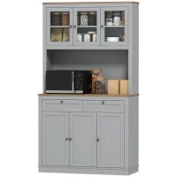 Armadio Dispensa da Cucina con 3 Porte in Vetro, Compartimento Aperto, 2 Cassetti e Scaffali Regolabili 100x40x180 cm Grigio