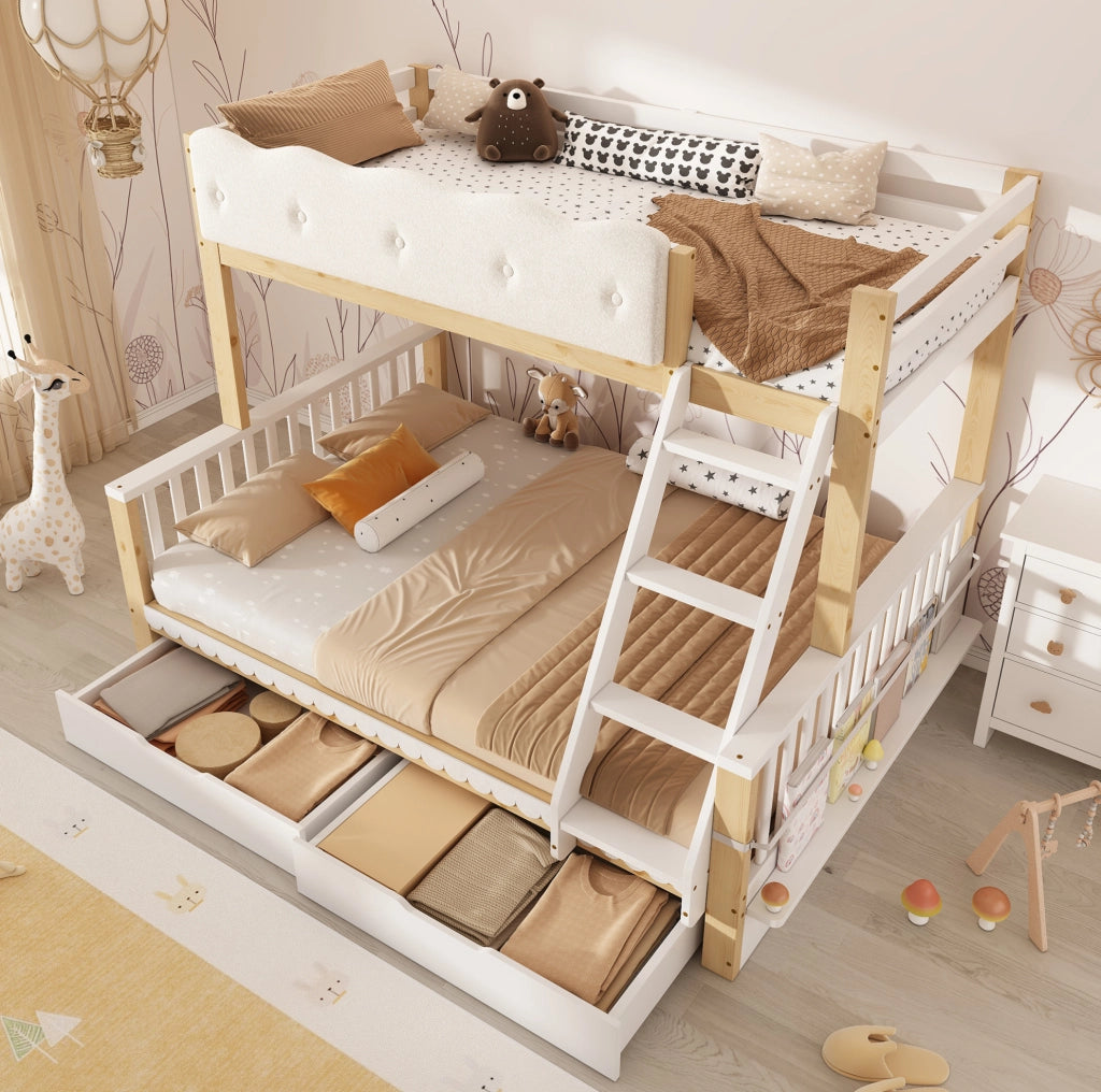 Letto a castello bianco e color rovere 90x200/140x200 cm con 2 cassetti e portariviste