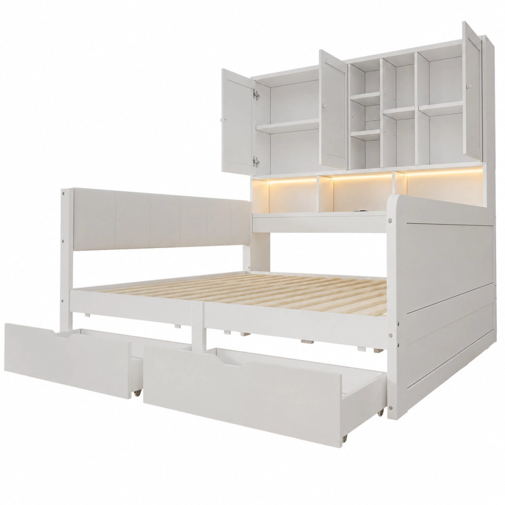 Letto contenitore 140x200 con illuminazione LED, porte USB, cassetti e testiera imbottita in PU, bianco
