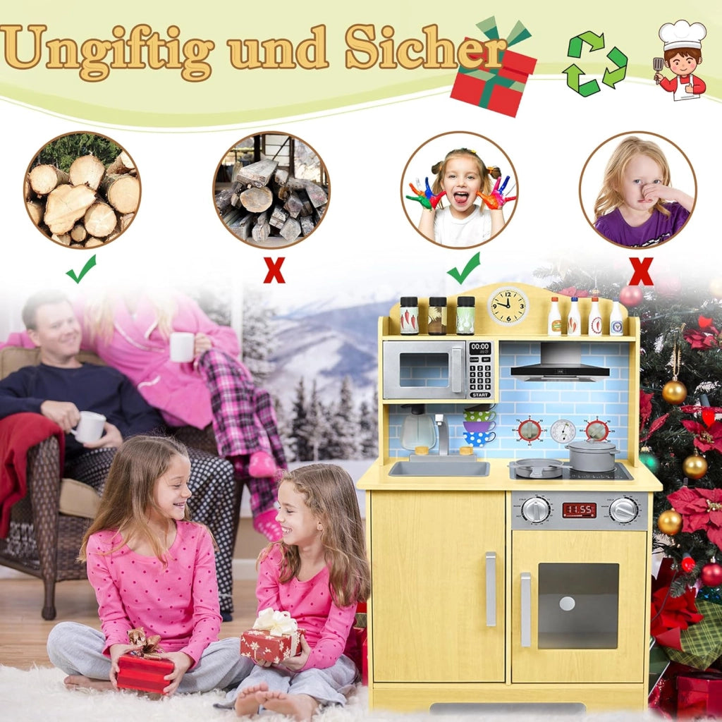 Cucina giocattolo per bambini in legno con piano cottura, forno a microonde, rubinetto, lavandino e accessori da cucina, giocattolo per bambini a partire dai 3 anni, 56 x 28,5 x 92 cm