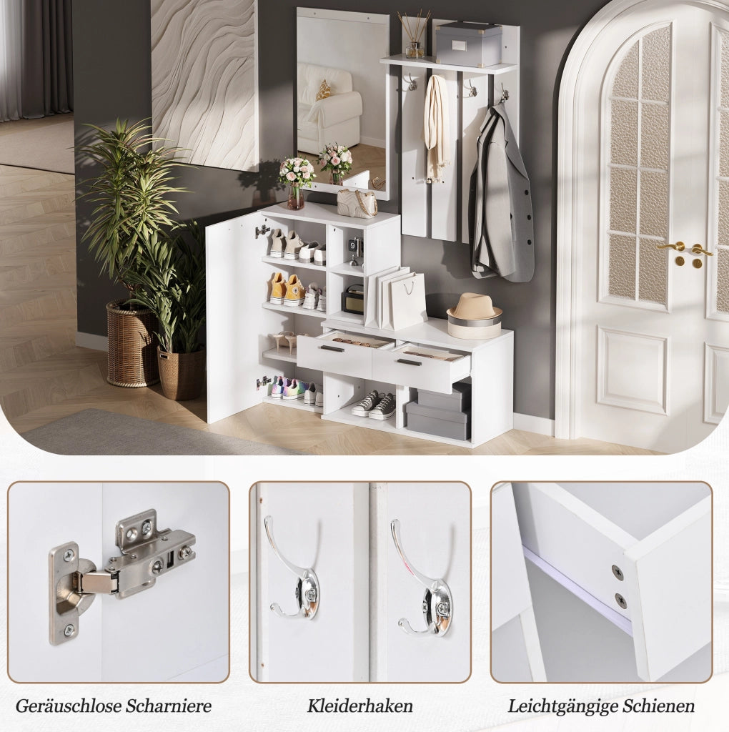 Garderoba da ingresso con specchio; 2 cassetti; 4 ganci e scarpiera 120x35x175;5 cm; bianco