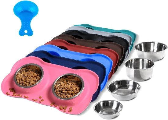 Due contenitori per alimenti per animali domestici, realizzati in acciaio inossidabile, resistente alle cadute, con panno antiscivolo in silicone e cucchiaio per alimenti per cani, gatti e cuccioli