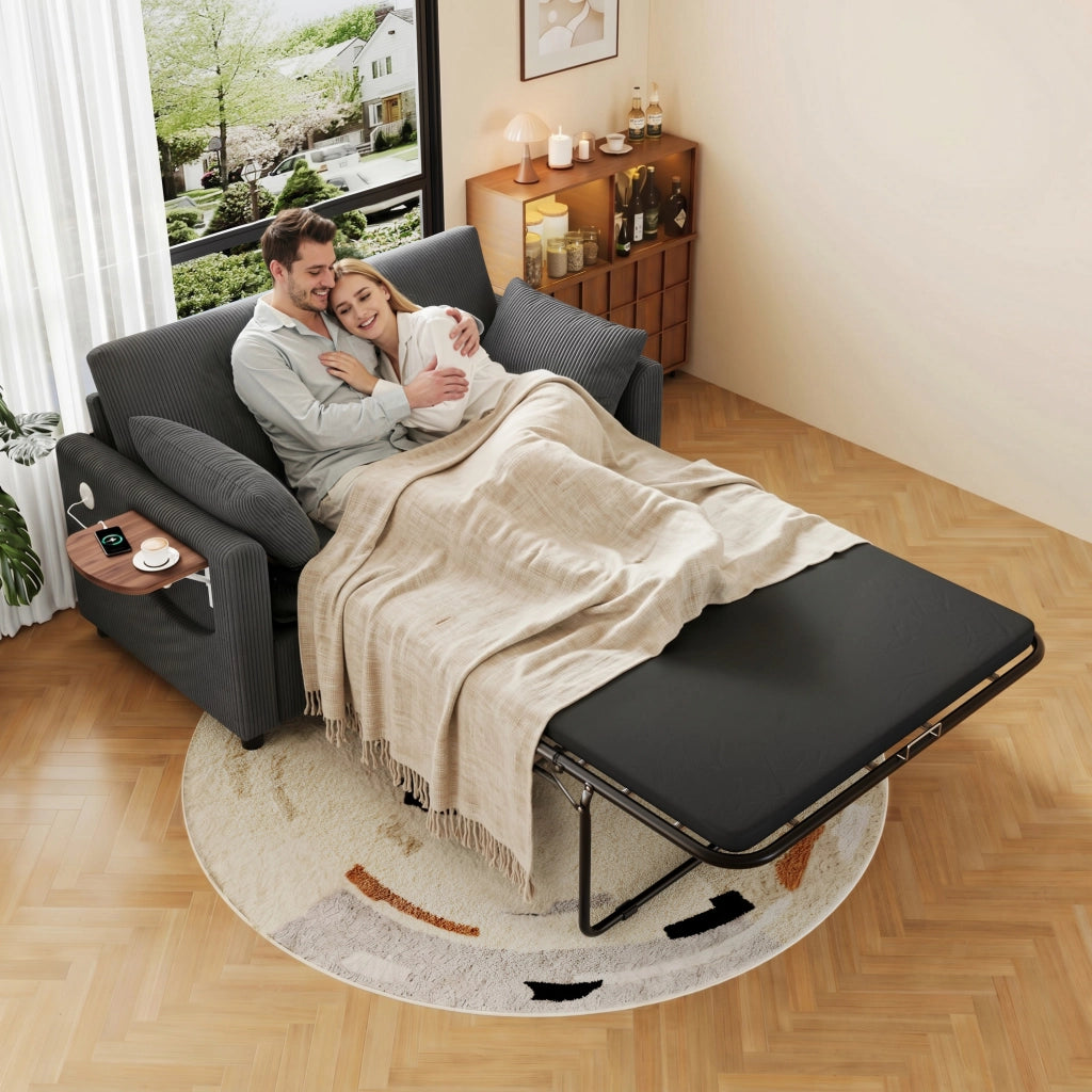 Divano letto estraibile 2 posti con porta USB e USB-C tavolino pieghevole e tasca laterale in velluto a coste grigio
