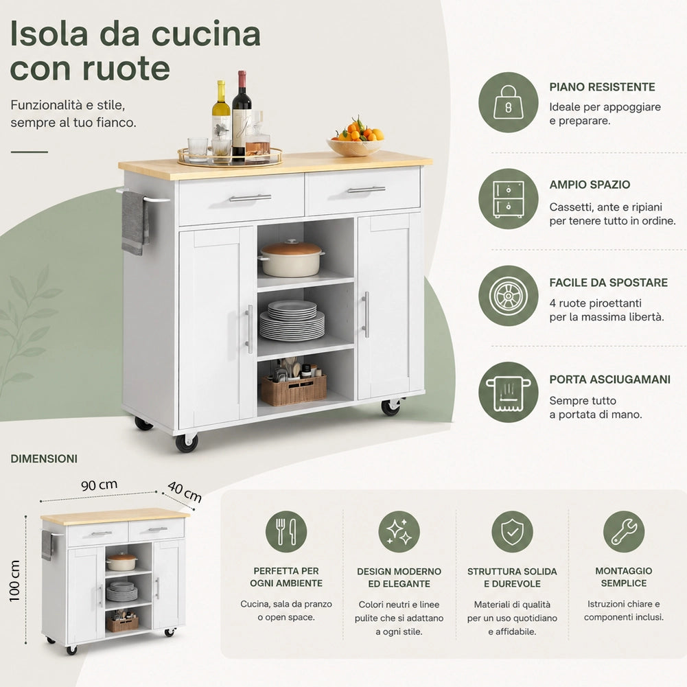 Isola da Cucina con Ruote e Top Quercia Mobile con Cassetti Bianco 90x46x100cm