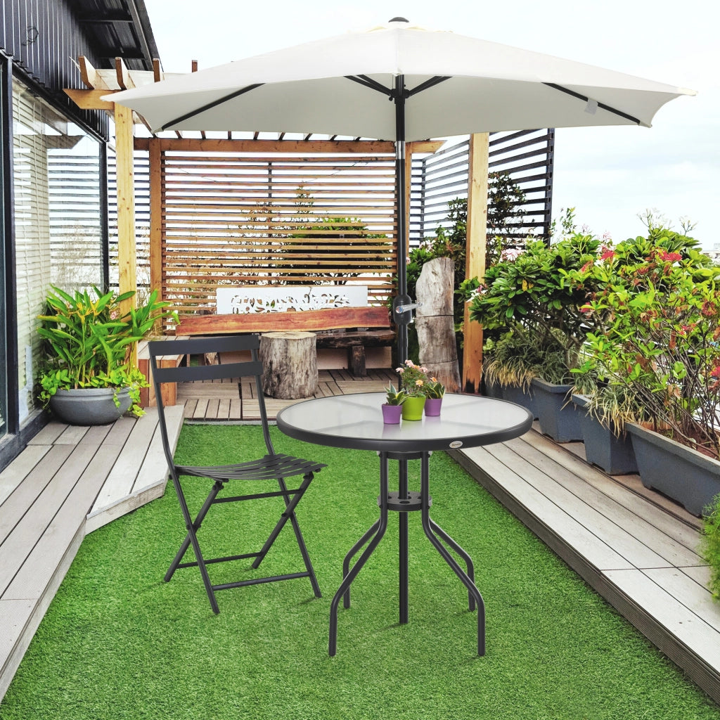 Tavolino da Giardino con Piano in Vetro Temperato e Foro per Ombrellone Acciaio §¶80 x 72 cm Nero