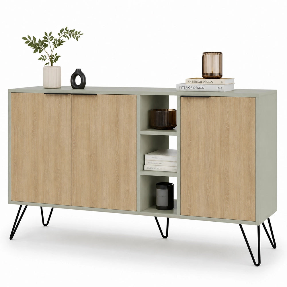 Madia Moderna Credenza con 3 Ante e Vani a Giorno 142x83 cm Quercia e Verde