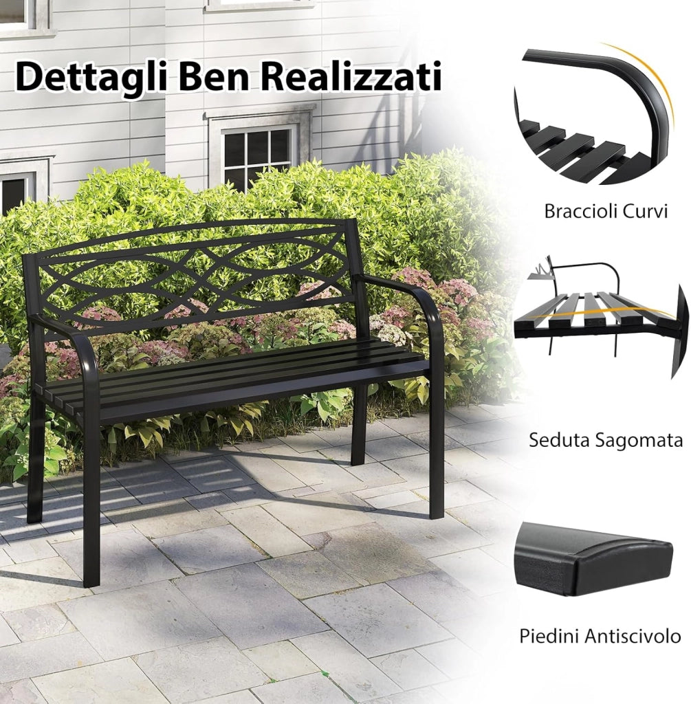 Panchina da Esterno 2-3 Posti, Panca in Metallo con Schienale Motivo Geometrico, Braccioli e Seduta a Doghe, Sedia Moderna per Parco, Cortile e Giardino