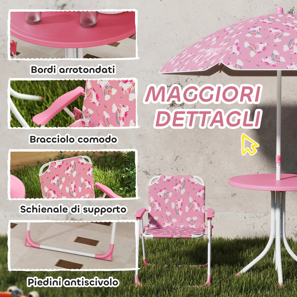 Set Tavolo da Picnic per Bambini con Sedie e Ombrellone Rosa Pratico e Resistente per Giardino