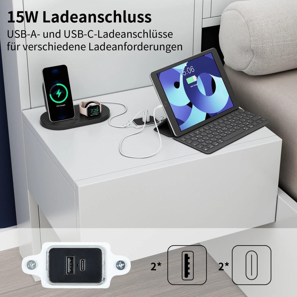 Letto matrimoniale 180x200 cm in MDF bianco con Bluetooth; USB-A/USB-C; orologio; luce regolabile e 2 comodini