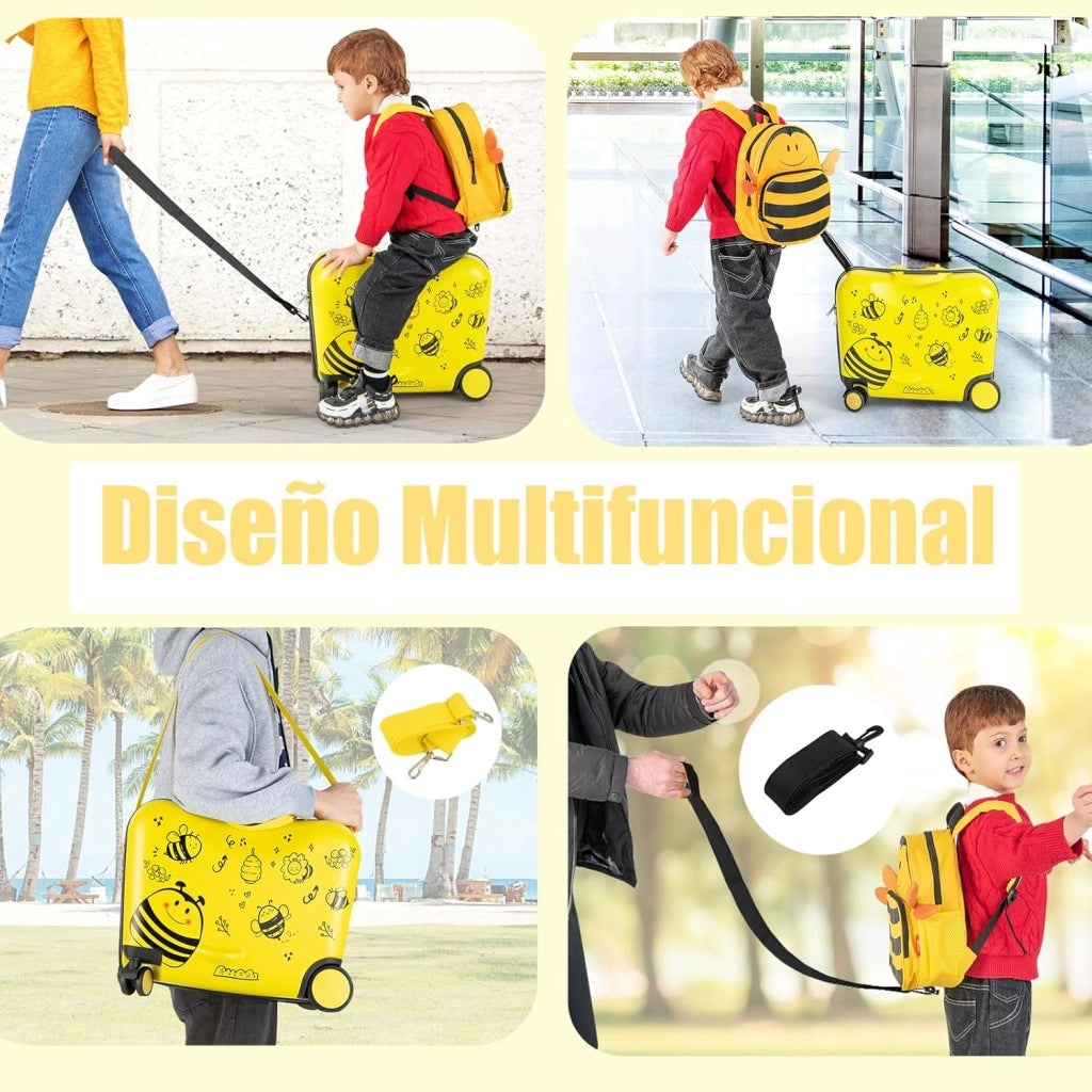 Set di Valigia Cavalcabile 18’’ + Zaino 12’’ per Bambini 2 Pezzi, Bagagli 2-in-1 di con Maniglia Telescopica e 4 Ruote, Trolley Bagaglio a Mano e Zaino per Bambini (Giallo Ape)