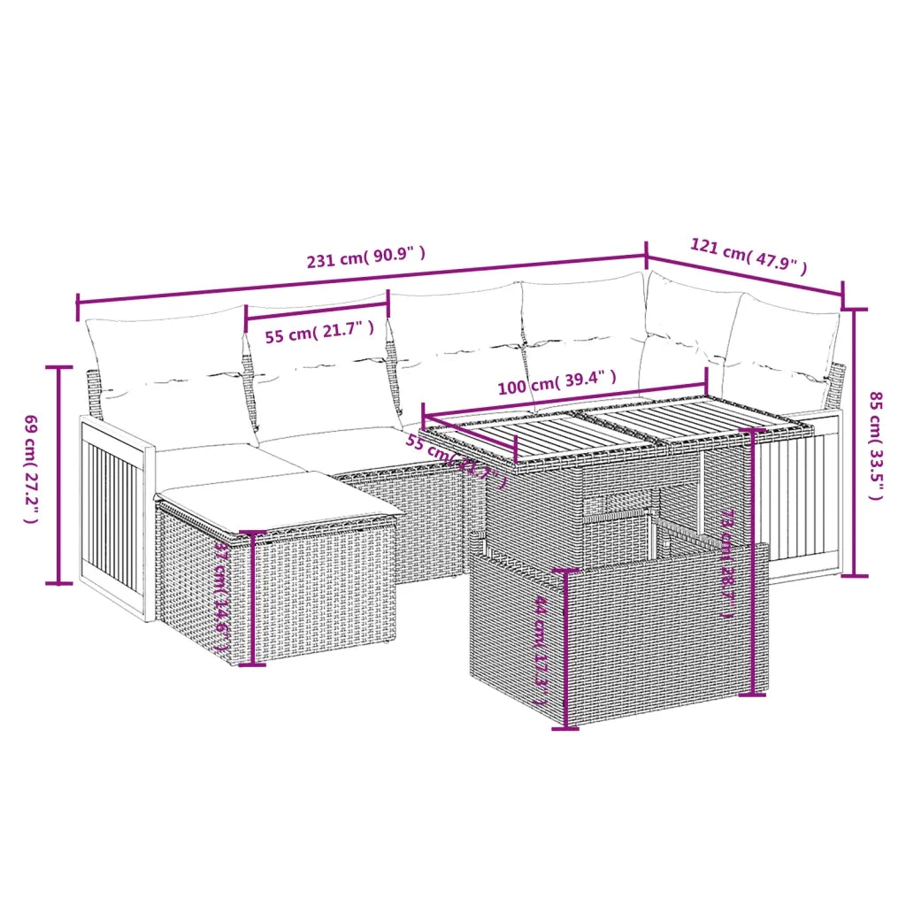 Set Divani da Giardino 7 pz con Cuscini Beige in Polyrattan