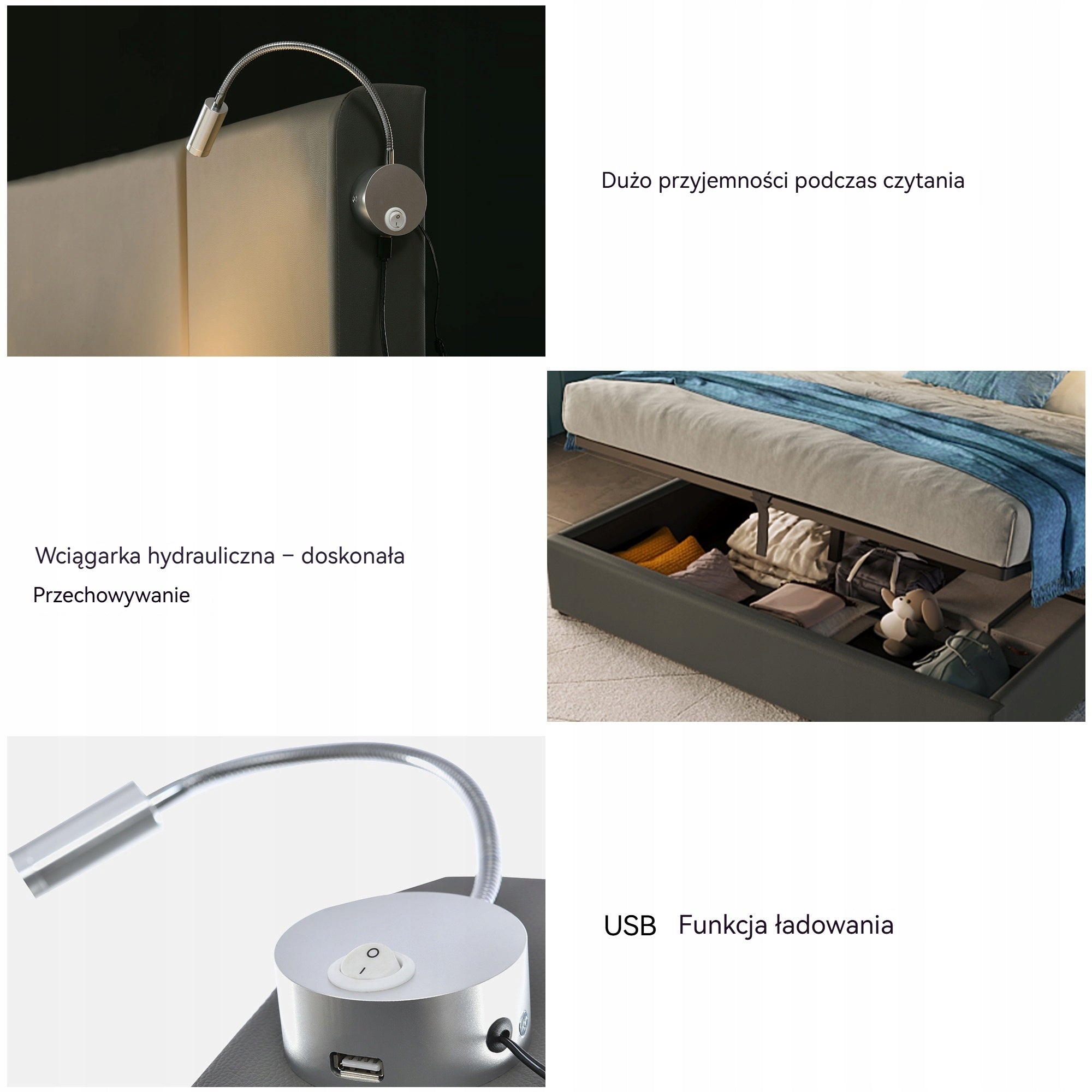 Letto con cassetti - Xylo - 140x200 - Grigio - Caricamento USB, luce LED per la lettura