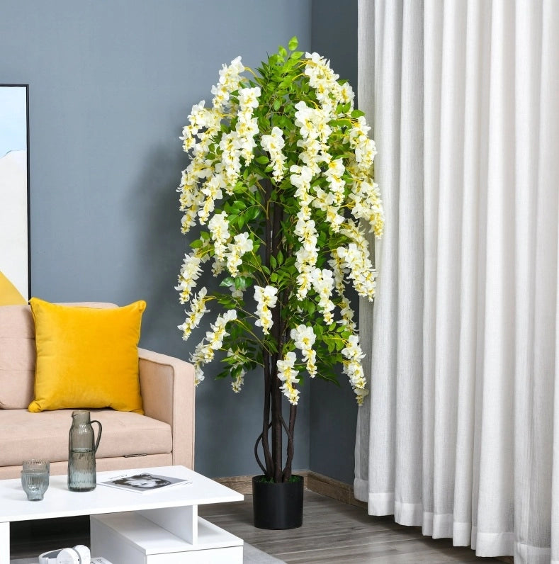 Glicine artificiale bianca 165 cm con vaso in cemento per interno ed esterno